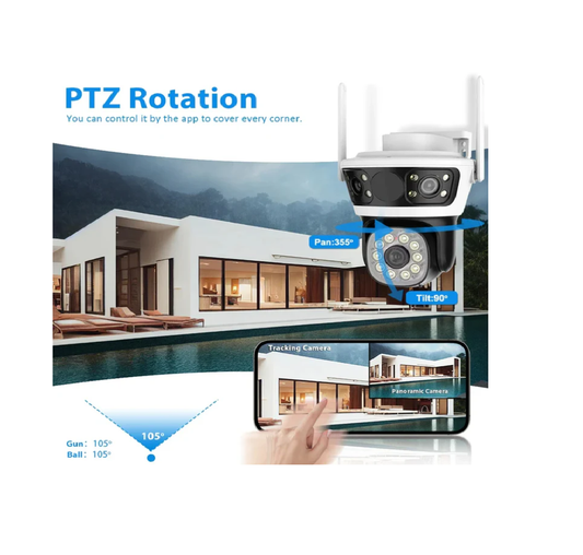 Cámara De Seguridad TRIPLE LENTE Exterior Giratorio 7MP - 855F-4W - App: IPC360 Home