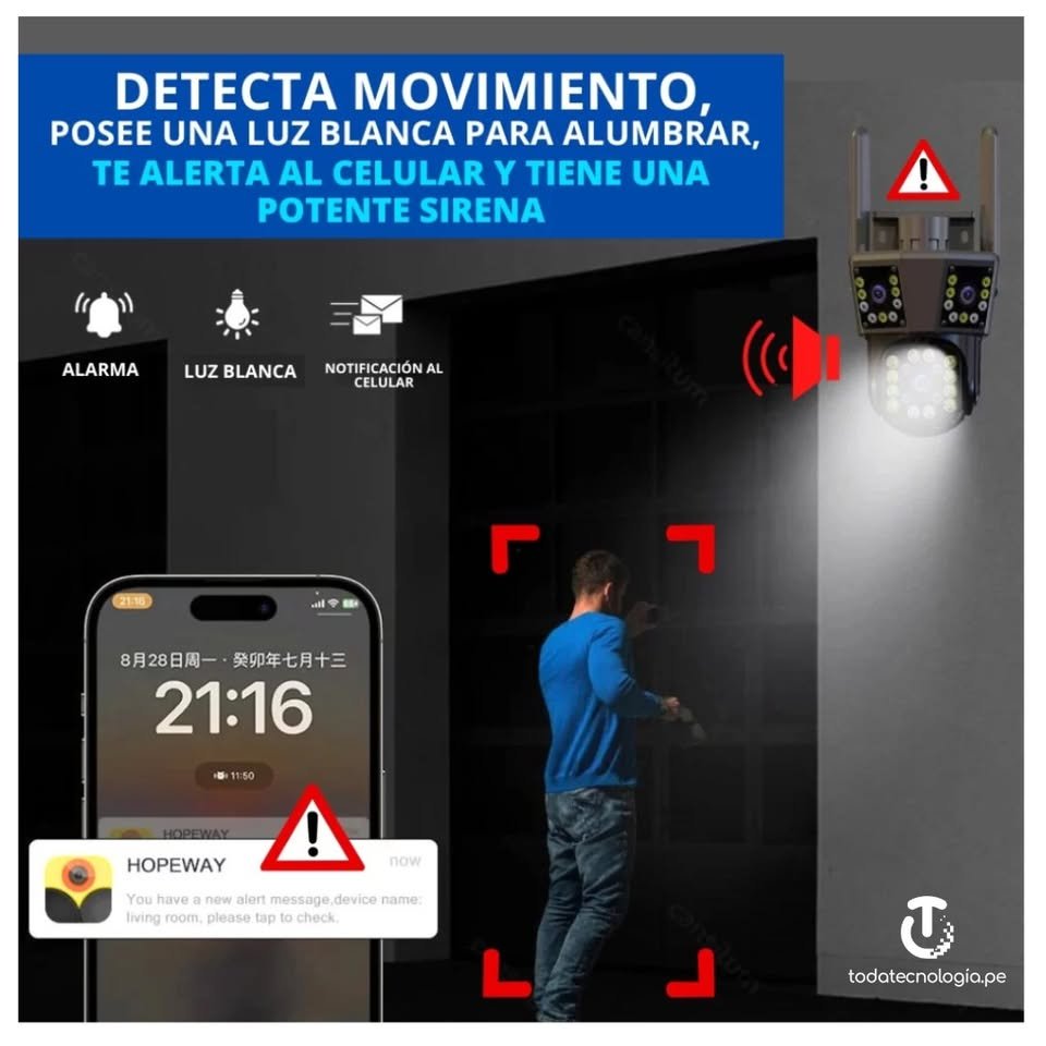 Cámara de Seguridad de 3 Lentes IP66 Wifi Sirena Visión Nocturna LANTUN