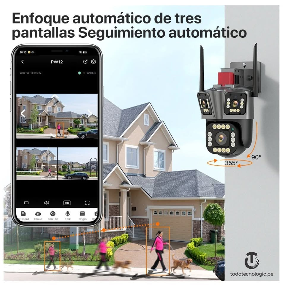Cámara de Seguridad de 3 Lentes IP66 Wifi Sirena Visión Nocturna LANTUN