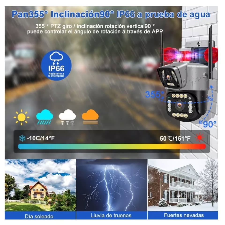Cámara Seguridad Vigilancia PTZ WIFI Doble Lente Visión Noctuna Sirena Full HD