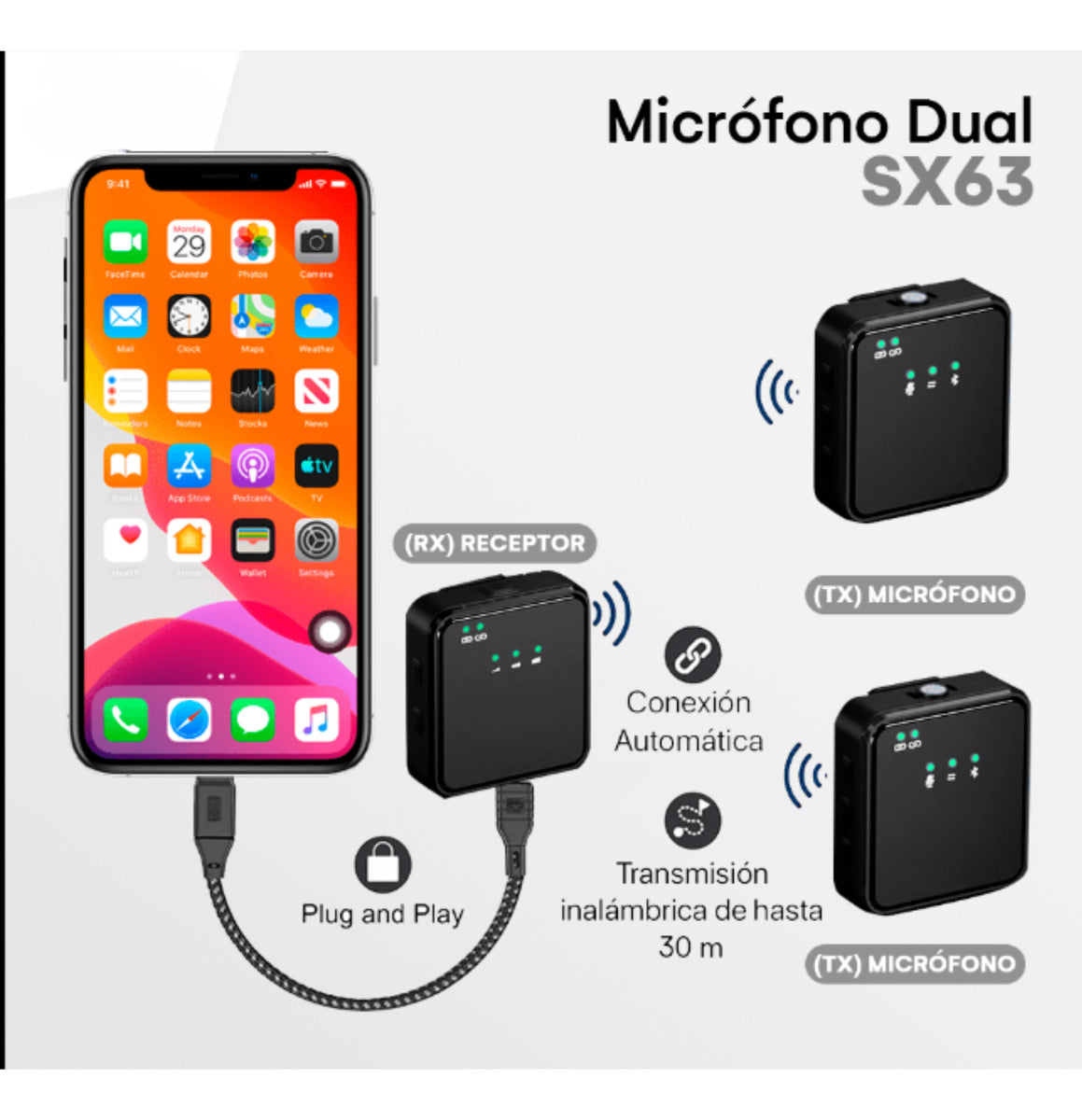 Micrófono Inalámbrico Solapero Dual 4 en 1 SX63-FE-265