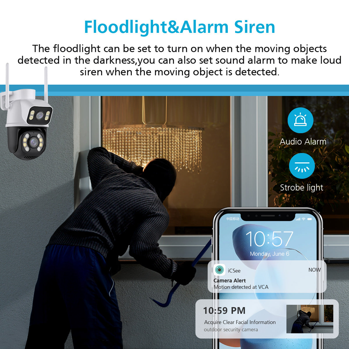 Cámara IP A28B Wifi Ptz Doble Lente 360 Exterior Sirenas Alarma