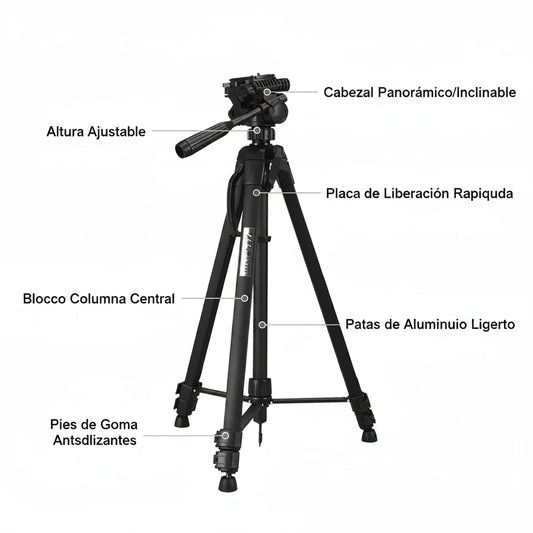 Kit Trípode 1.70m Profesional para Cámara + funda + adaptador de celular WEIFENG - MOD: WT-3560