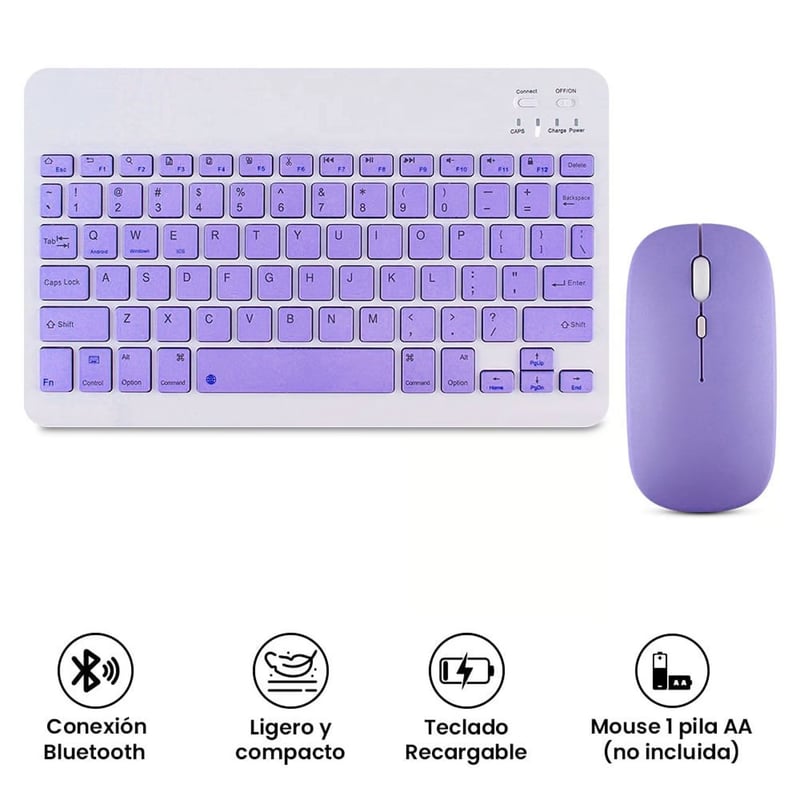 TECLADO MOUSE INALAMBRICO BLUETOOTH MORADO MOD A2000