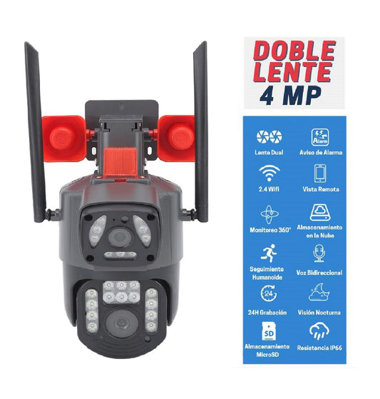 Cámara Seguridad Doble Lente con Bocina Alarma 4MP IP Wifi - LT-Q8