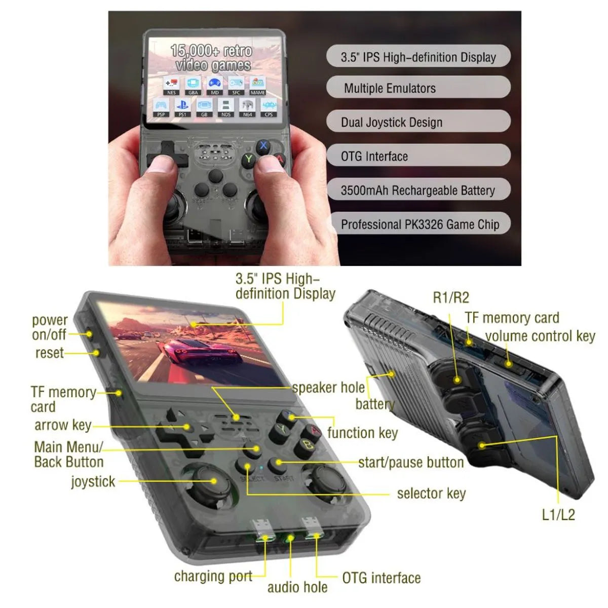 Consola Portatil de Video Juegos Retro R36S  con memoria de 64 GB y 32 colores negro,morado,blanco
