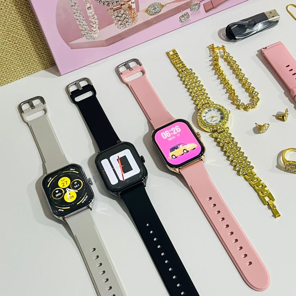 Set Smartwatch  Plus Rosa + Joyas Reloj Cuarzo + Pulsera Collar Aretes Anillo MOD A58