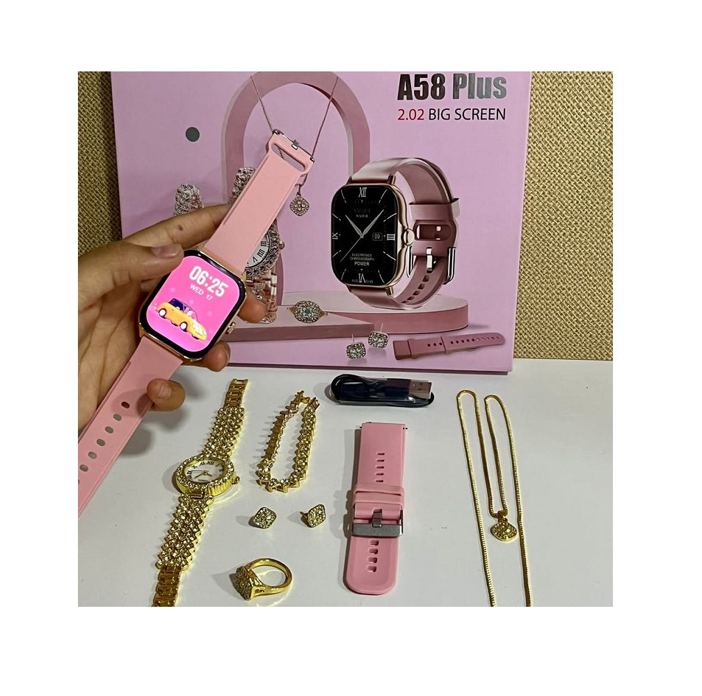 Set Smartwatch  Plus Rosa + Joyas Reloj Cuarzo + Pulsera Collar Aretes Anillo MOD A58