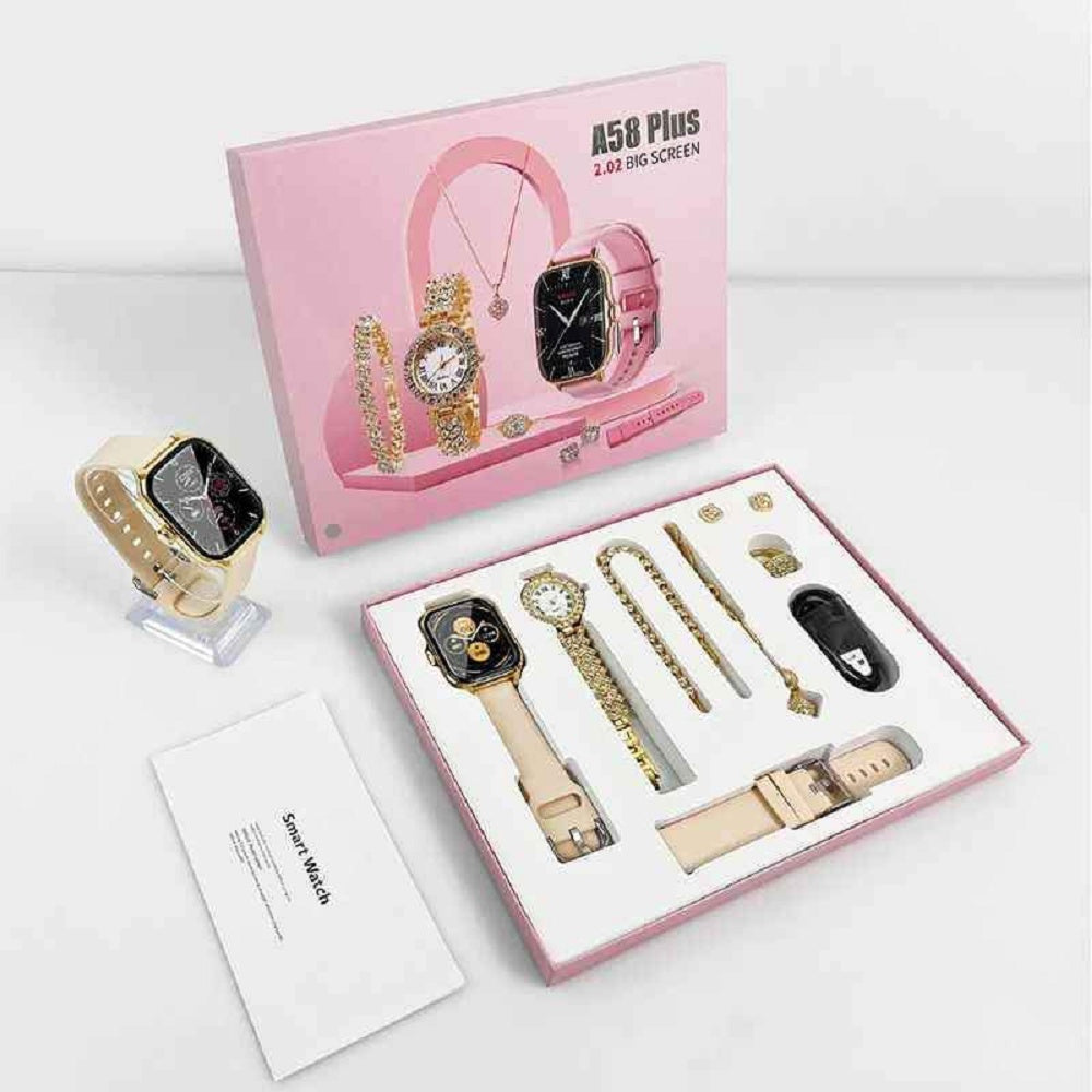 Set Smartwatch  Plus Rosa + Joyas Reloj Cuarzo + Pulsera Collar Aretes Anillo MOD A58