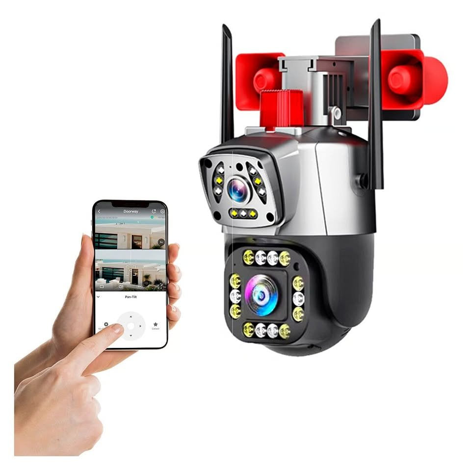 Cámara Seguridad Vigilancia PTZ WIFI Doble Lente Visión Noctuna Sirena Full HD