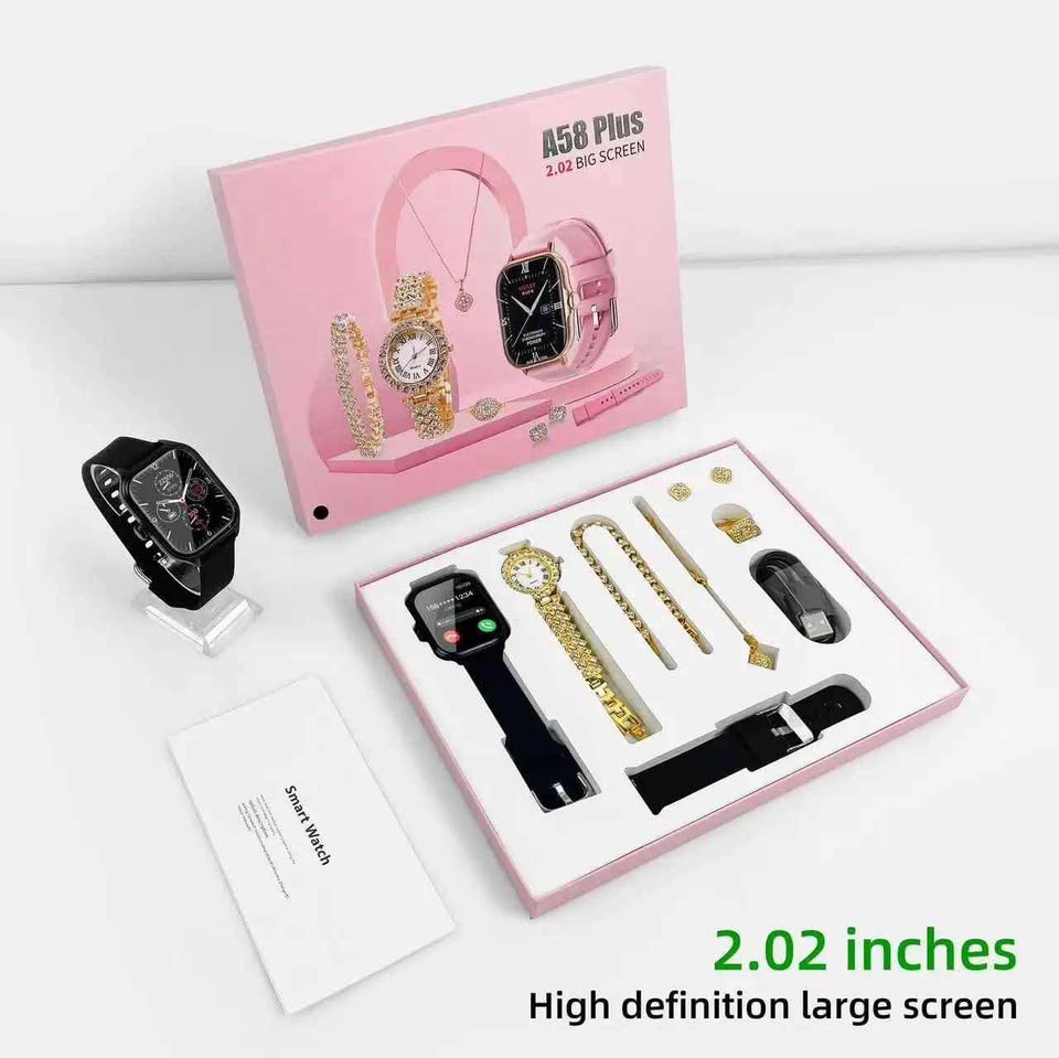 Set Smartwatch  Plus Rosa + Joyas Reloj Cuarzo + Pulsera Collar Aretes Anillo MOD A58
