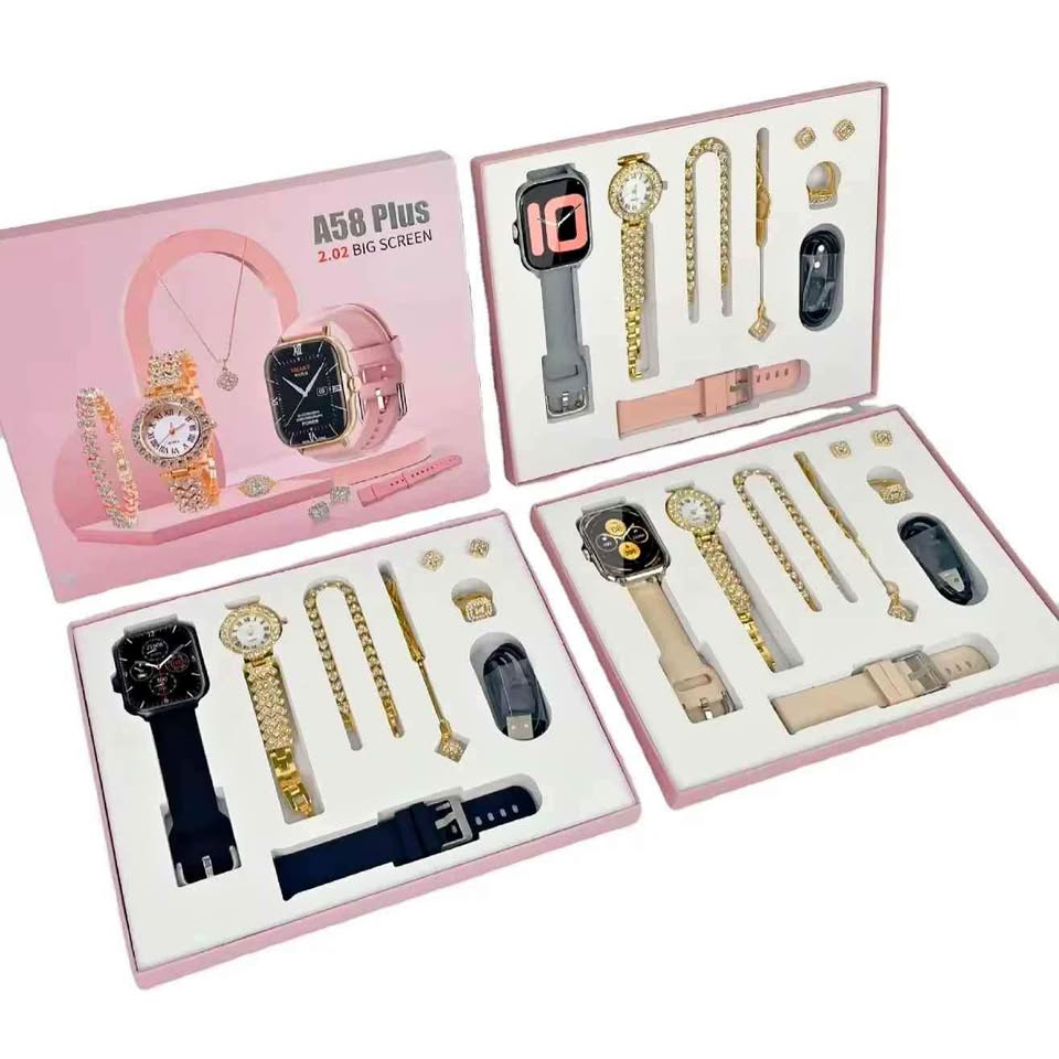 Set Smartwatch  Plus Rosa + Joyas Reloj Cuarzo + Pulsera Collar Aretes Anillo MOD A58