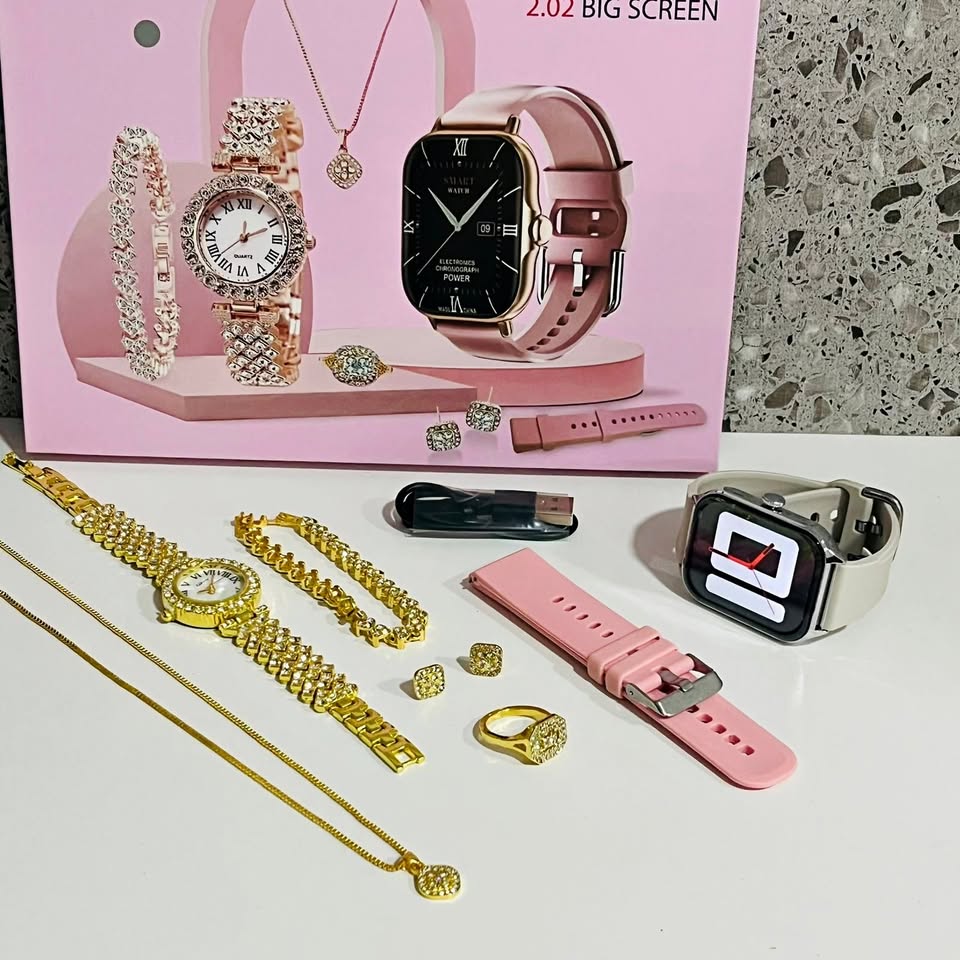 Set Smartwatch  Plus Rosa + Joyas Reloj Cuarzo + Pulsera Collar Aretes Anillo MOD A58
