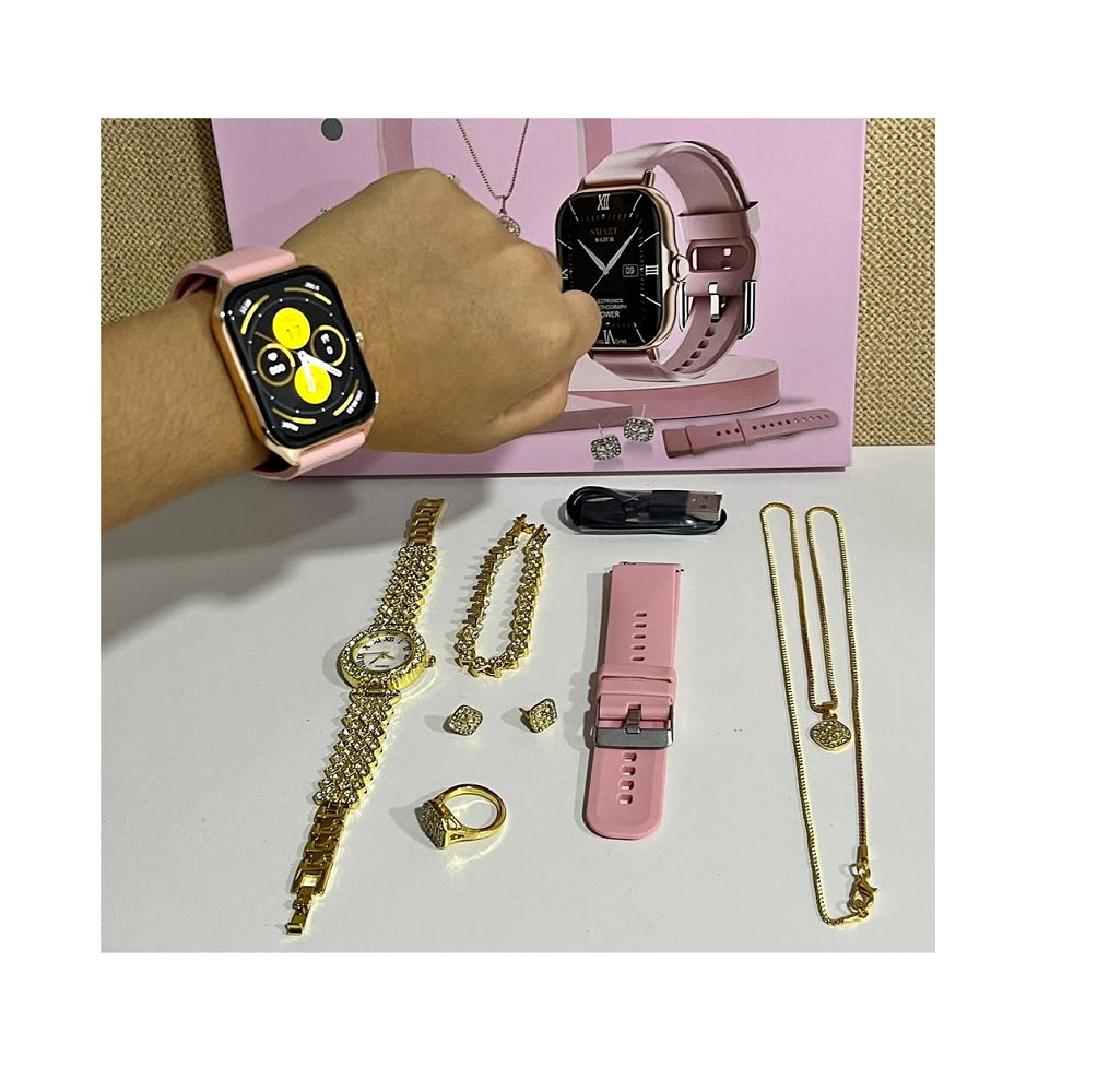 Set Smartwatch  Plus Rosa + Joyas Reloj Cuarzo + Pulsera Collar Aretes Anillo MOD A58
