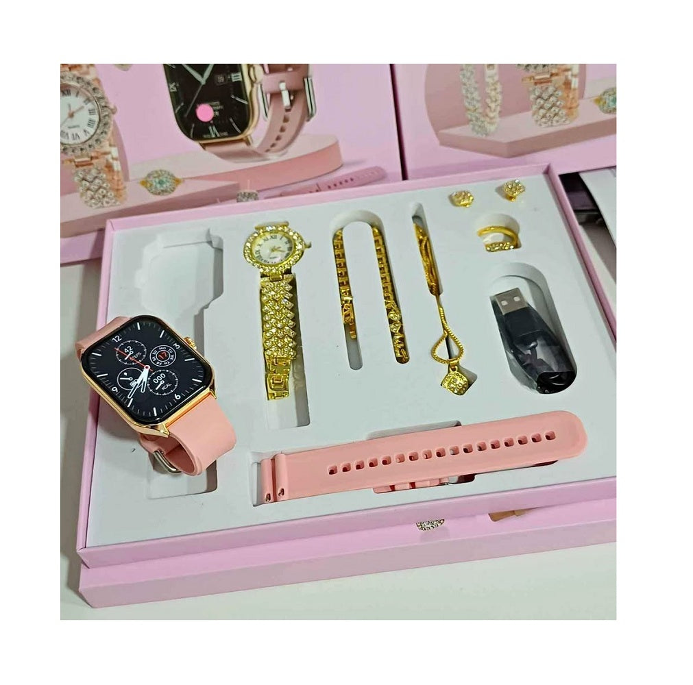 Set Smartwatch  Plus Rosa + Joyas Reloj Cuarzo + Pulsera Collar Aretes Anillo MOD A58