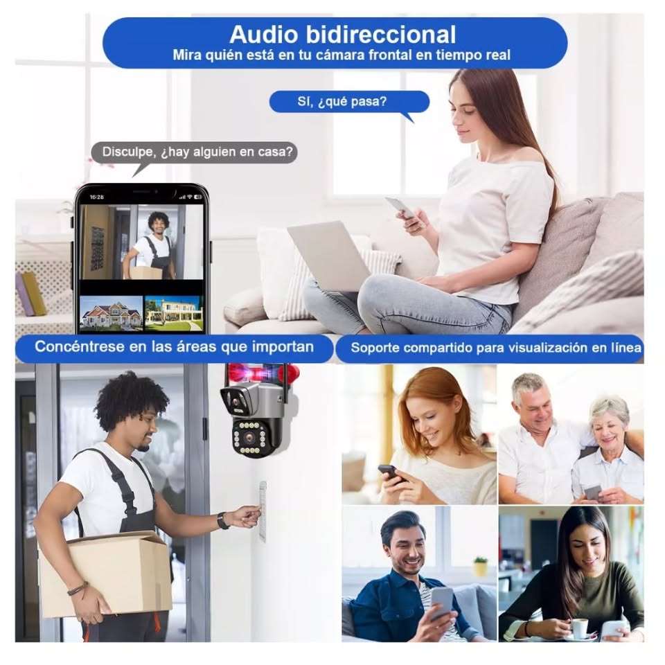 Cámara Seguridad Vigilancia PTZ WIFI Doble Lente Visión Noctuna Sirena Full HD