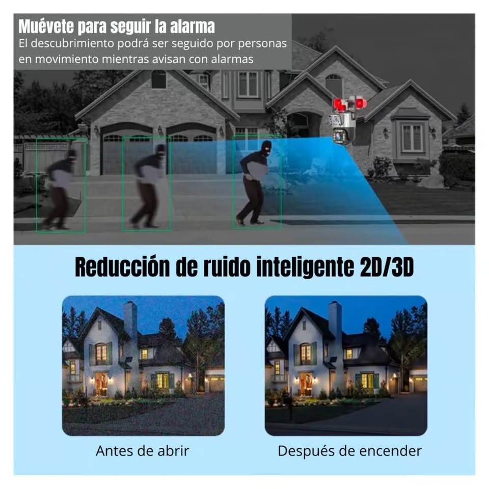 Cámara Seguridad Vigilancia PTZ WIFI Doble Lente Visión Noctuna Sirena Full HD