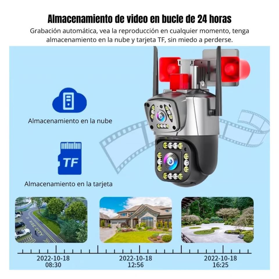 Cámara Seguridad Vigilancia PTZ WIFI Doble Lente Visión Noctuna Sirena Full HD
