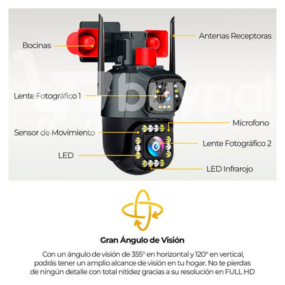 Cámara Seguridad Vigilancia PTZ WIFI Doble Lente Visión Noctuna Sirena Full HD 8MP - MY-7150 - App: IPC360 Home