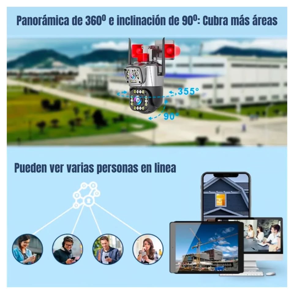 Cámara Seguridad Vigilancia PTZ WIFI Doble Lente Visión Noctuna Sirena Full HD