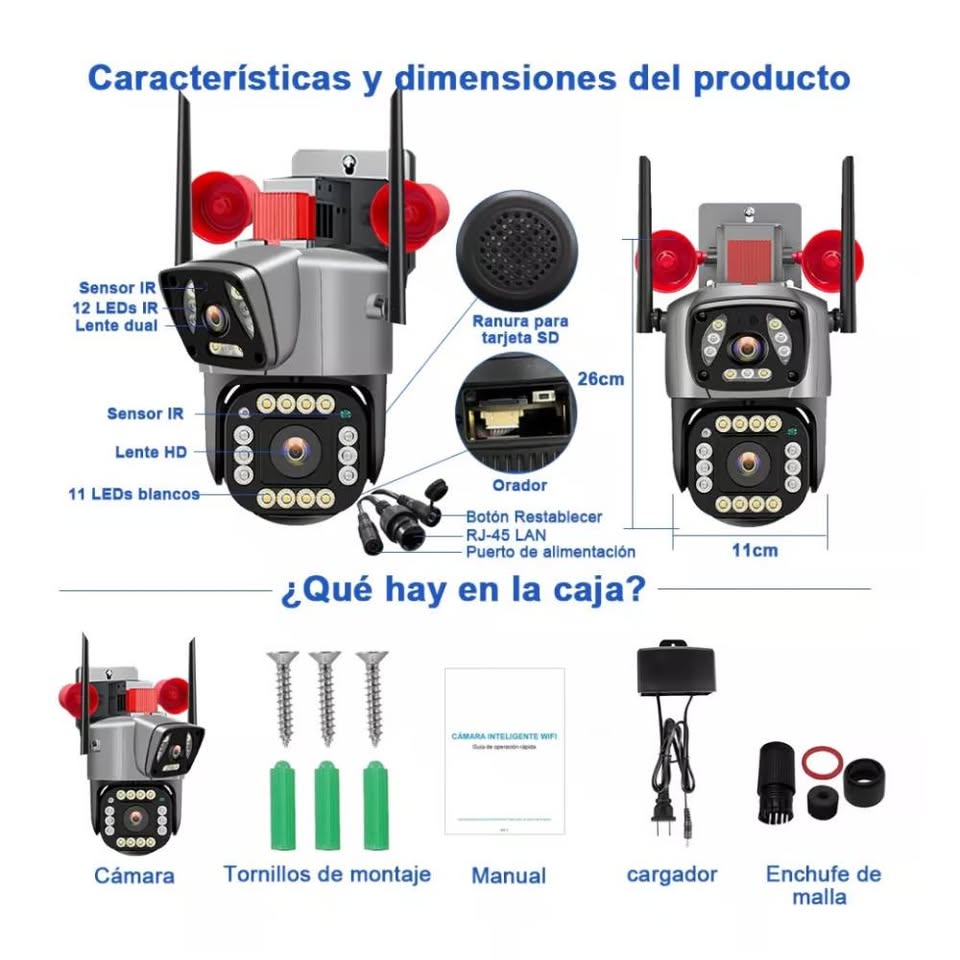 Cámara Seguridad Vigilancia PTZ WIFI Doble Lente Visión Noctuna Sirena Full HD