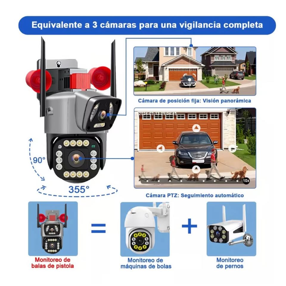 Cámara Seguridad Vigilancia PTZ WIFI Doble Lente Visión Noctuna Sirena Full HD