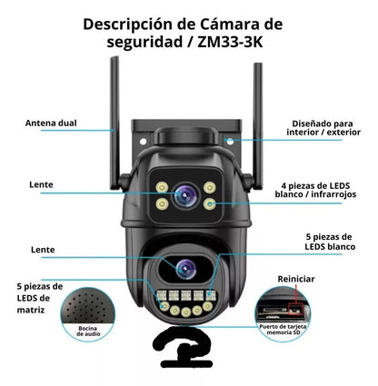 Cámara Seguridad Ptz Wifi Doble Lente Full Hd Visión Noctuna 6MP MOD P28-3K - App: iCSee