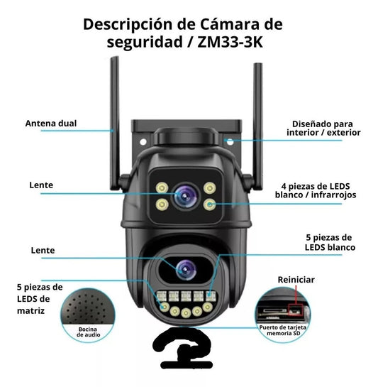 Cámara Seguridad Ptz Wifi Doble Lente Full Hd Visión Noctuna 6MP MOD P28-3K - App: iCSee