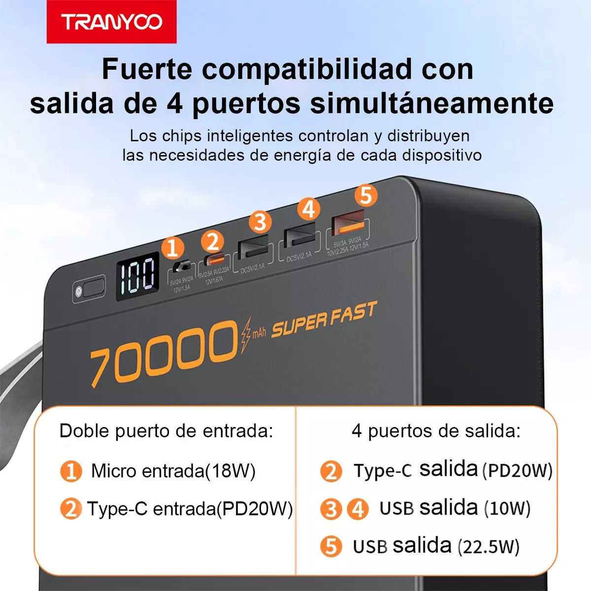 Power Bank 70000mah Batería Portátil 22.5w Carga Rápida MOD T-F17