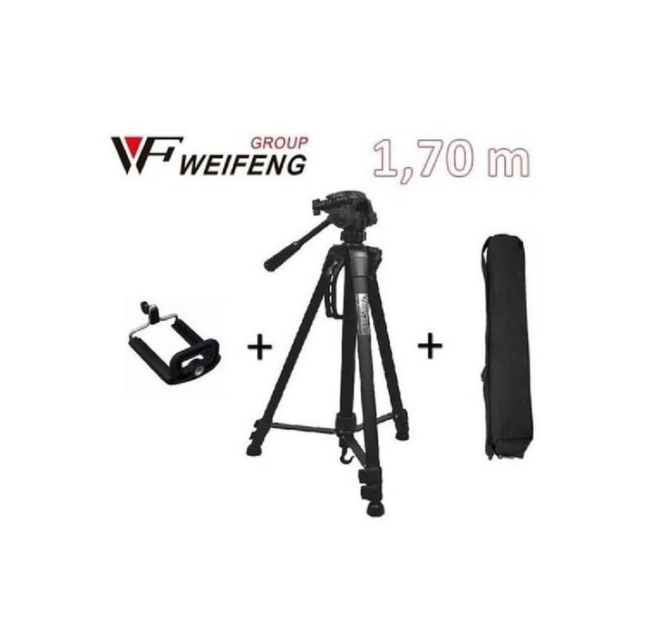 Kit Trípode 1.70m Profesional para Cámara + funda + adaptador de celular WEIFENG - MOD: WT-3560