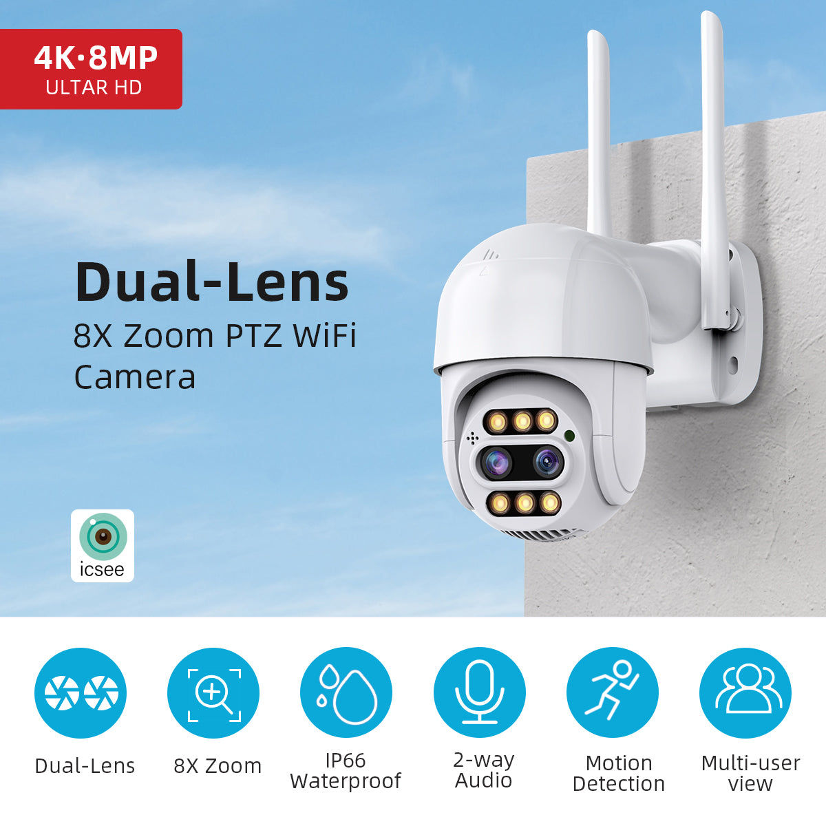 ICSEE WIFI Cámara IP Seguridad al aire libre 8X Zoom 8MP PTZ Lente dual Video - MOD A20