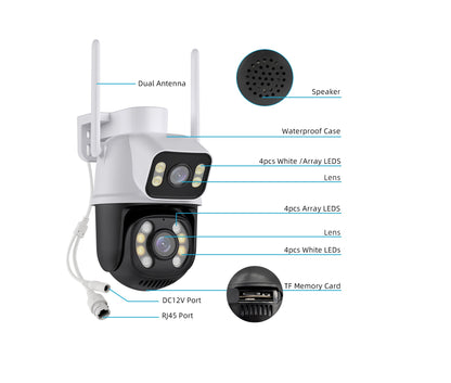 Cámara IP A28B Wifi Ptz Doble Lente 360 Exterior Sirenas Alarma 7MP - App: iCSee