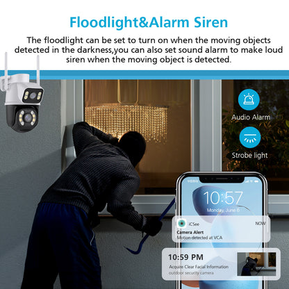 Cámara IP A28B Wifi Ptz Doble Lente 360 Exterior Sirenas Alarma 7MP - App: iCSee