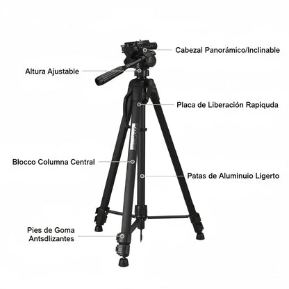 Kit Trípode 1.70m Profesional para Cámara + funda + adaptador de celular WEIFENG - MOD: WT-3560