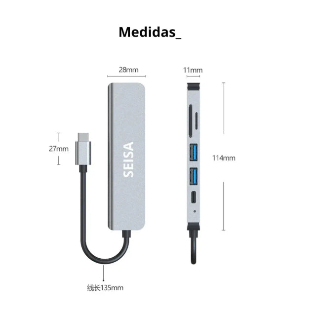 Adaptador HUB USB Seisa TIPO C 6 EN 1 - MOD BYL-2010