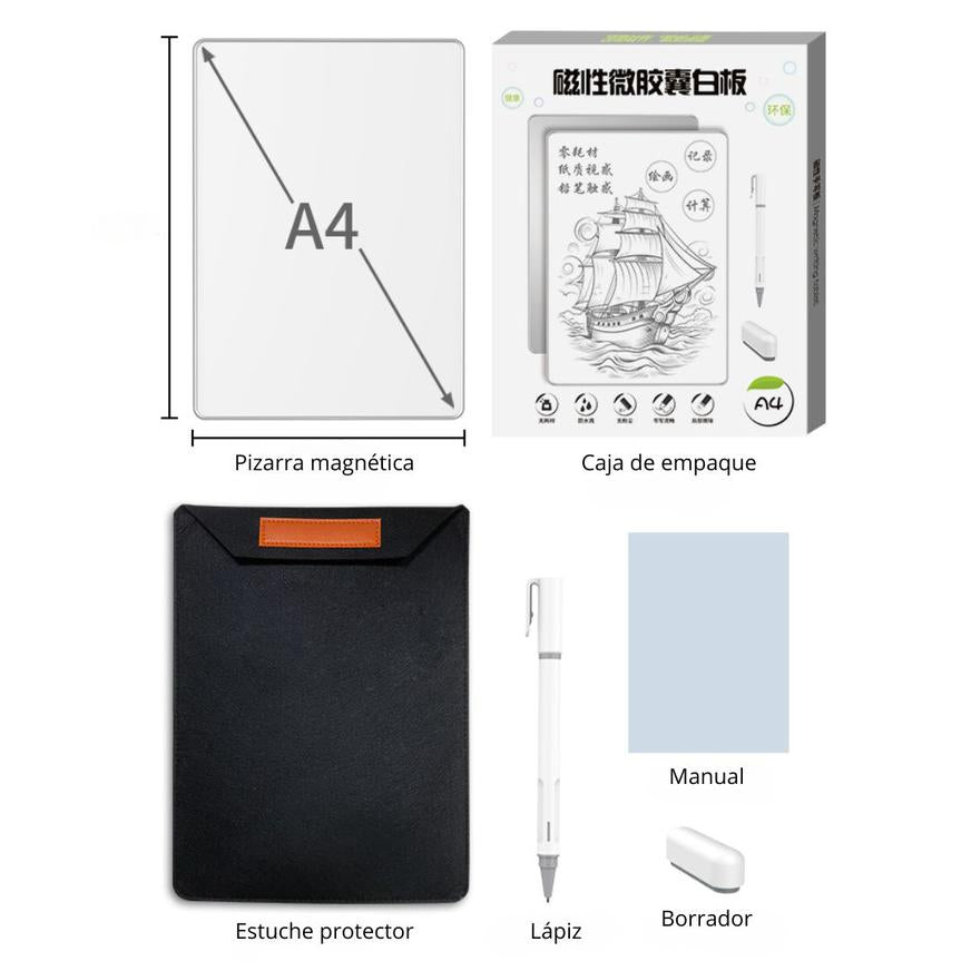 Pizarra Magnética De Escritura Reutilizable Con Borrador Y Bolígrafo Para Notas Y Dibujo - XS-A4