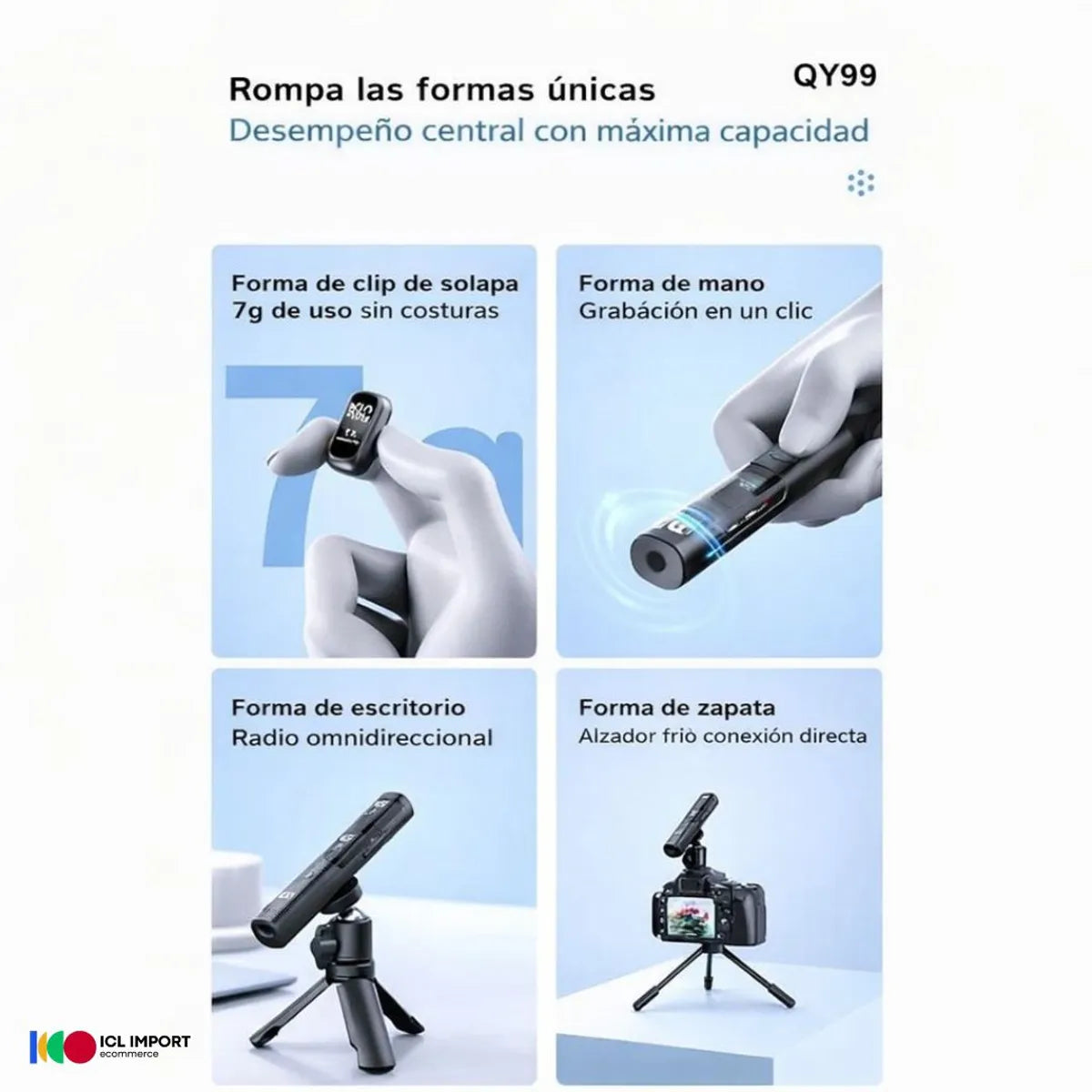MICRÓFONO INALÁMBRICO SOLAPERO, ANC, BASE TUBULAR DE CARGA MULTIFUNCIONAL, 20H DURACIÓN MOD: QY99