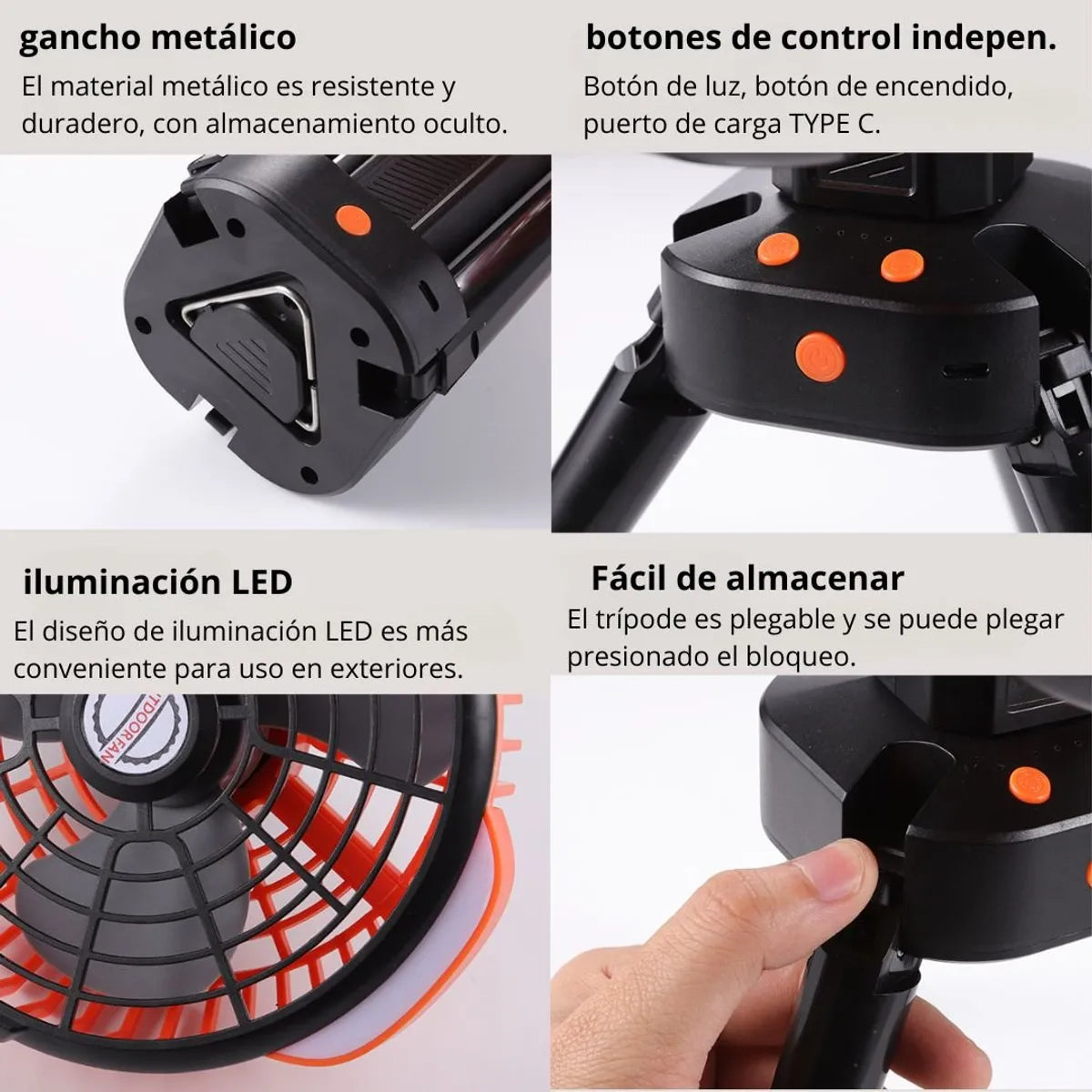 Camping Fan Recargable con Trípode Luz Led con Gancho - FS-X6