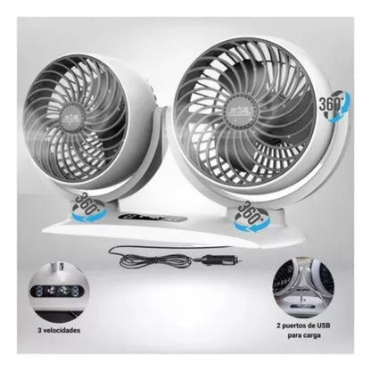 Ventilador Auto Doble Cabezal 360 Portatil Camioneta Carro SEISA  MOD SQ-S788